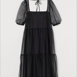 New! H&M Puff Sleeve Black Sheer Mesh Midi Dress S